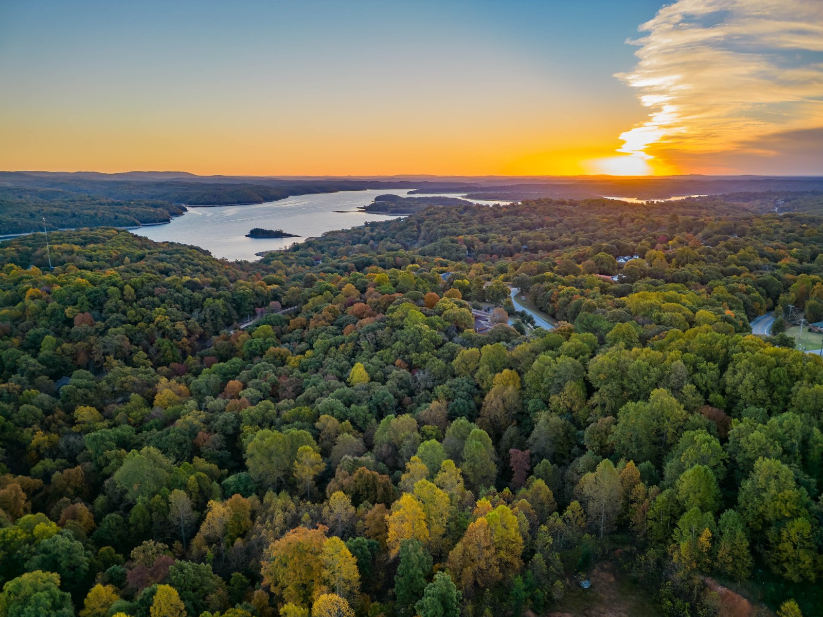 Aerial view of the forested hills at Hobbs State Park in Northwest Arkansas at sunrise